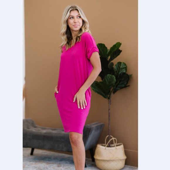 Natural Beauty Full Size Run T-Shirt Dress with Pockets in Magenta - Picture 3 of 13